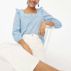 J. Crew French Blue & White Cotton Poplin Floral Peasant Blouse Top